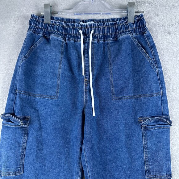 Wax Jean Denim Jogger Pants Womens Size Large Drawstring Waist High Rise Blue - Picture 3 of 12